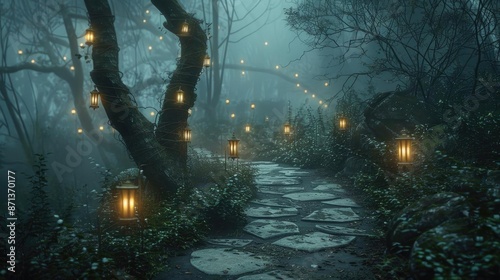 Magical forest path illuminated by glowing lanterns and fairy lights, creating an enchanted atmosphere perfect for fantasy and nature themes.
