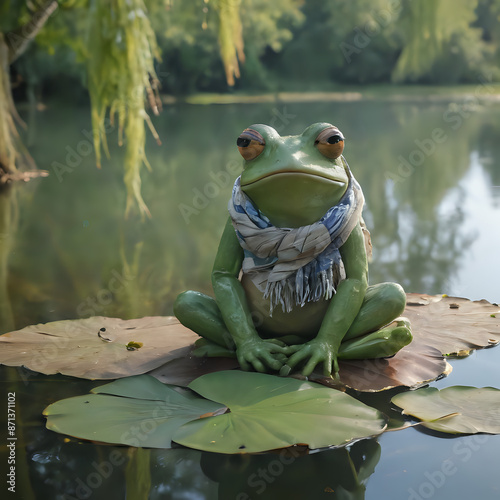 a statue of a frog sitting on a leaf in the water photo