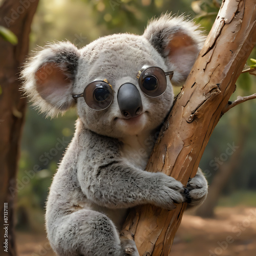 a koala bear with sunglasses on sitting on a tree photo