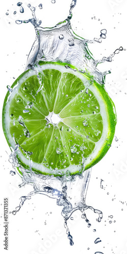 Fresh Lime Slice with Splashing Water Isolated on White Background
