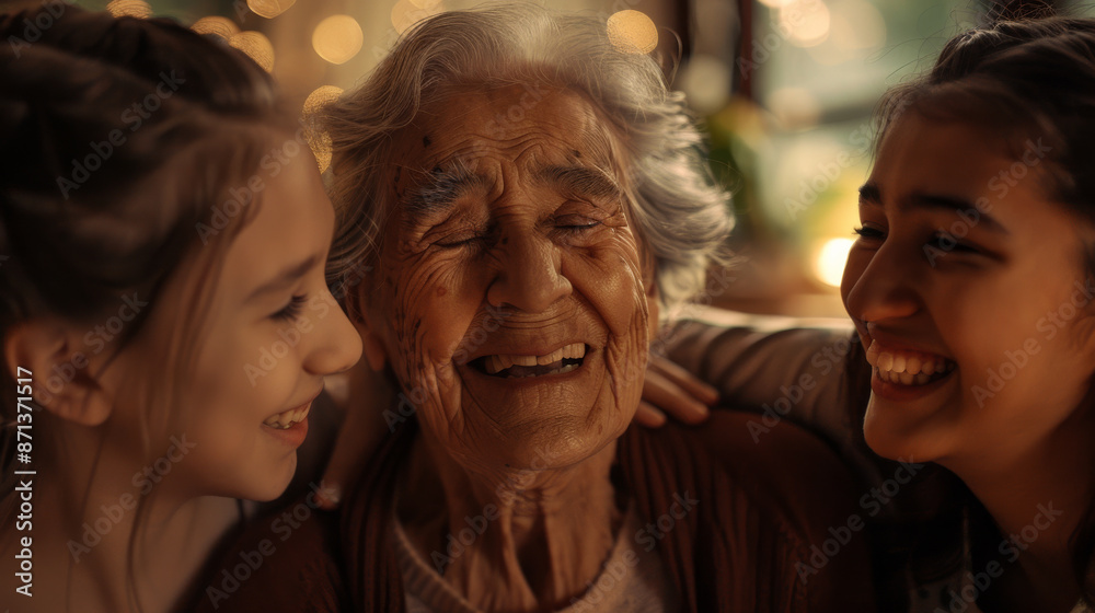 An elderly woman beams with joy, surrounded by two affectionate young girls in a warm, softly-lit setting. An elderly woman beams with joy, surrounded by two affectionate young girls in a warm, softly-lit setting.