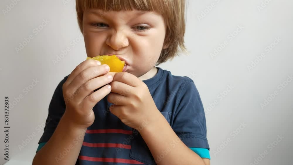 Little child holding tomatoes in his hand and eating and having fun with them on grey background. The child eats and holds vegetables and tomatoes.High quality 4k footage Little child holding tomatoes in his hand and eating and having fun with them on grey background. The child eats and holds vegetables and tomatoes.High quality 4k footage