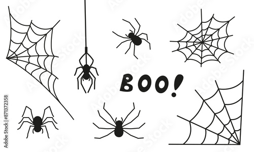 Vector set of design elements for Halloween. Image of different webs and spiders in doodle style. Set of icons with insects.