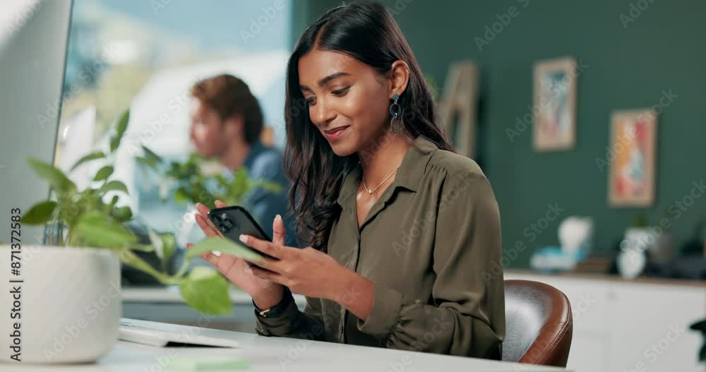 Computer, phone and smile with designer woman in office for communication, networking or typing. Creative employee check bank app, payment notification in workplace and contact with web development