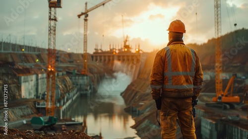 Hydroelectric Dam Construction at Sunset. Construction worker overseeing the building of a hydroelectric dam at sunset, highlighting the project's progress and industrial scale.