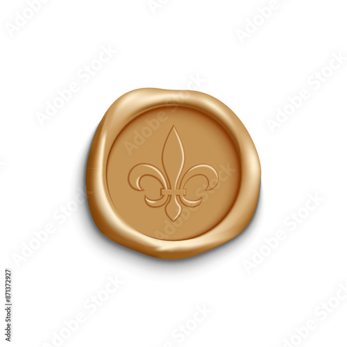 Elegant golden floral wax seal with fleur-de-lis emblem isolated on white background, 3d realistic vector design mockup, antique royal stamp for letters and documents.