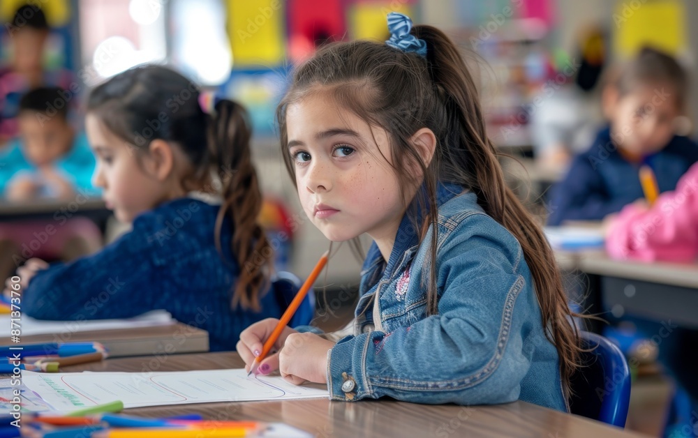 Young girl concentrating in classroom with classmates in background Young girl concentrating in classroom with classmates in background