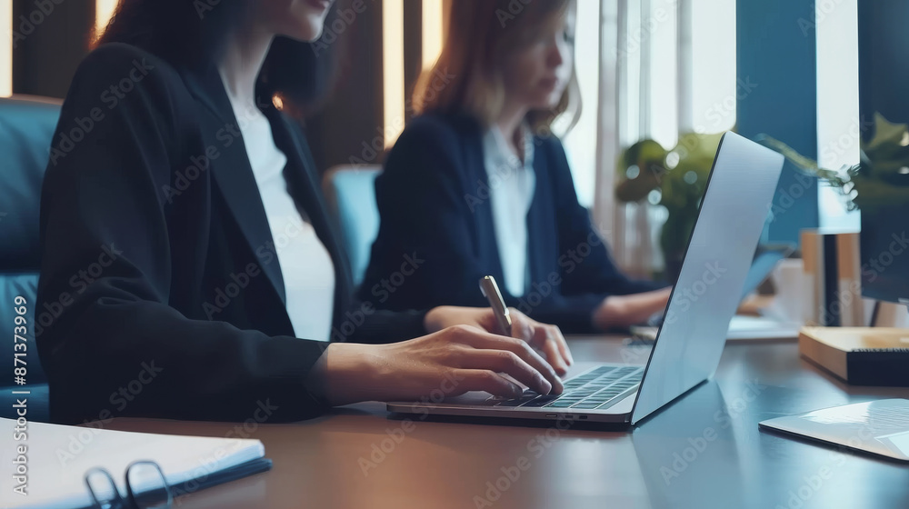 Focused professionals work diligently in an office, their laptops open and notebooks at hand, fostering an atmosphere of productivity and dedication. Focused professionals work diligently in an office, their laptops open and notebooks at hand, fostering an atmosphere of productivity and dedication.