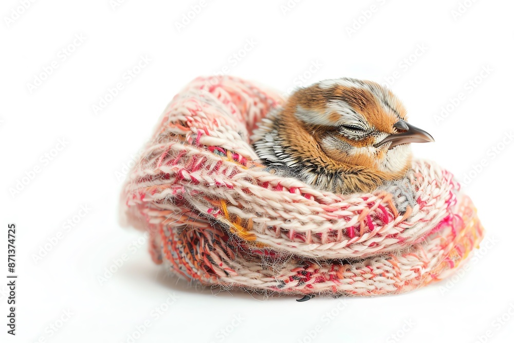 A small bird sleeping peacefully inside a pink and white knitted scarf. A small bird sleeping peacefully inside a pink and white knitted scarf.