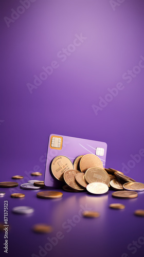 Credit card with coins and candies on a purple background. Shopping concept