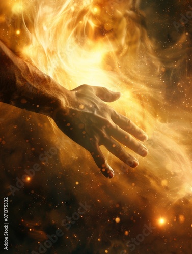 A serene figure reaches towards a radiant light, symbolizing a journey of redemption and salvation The ethereal glow envelops the scene, highlighting themes of faith, hope