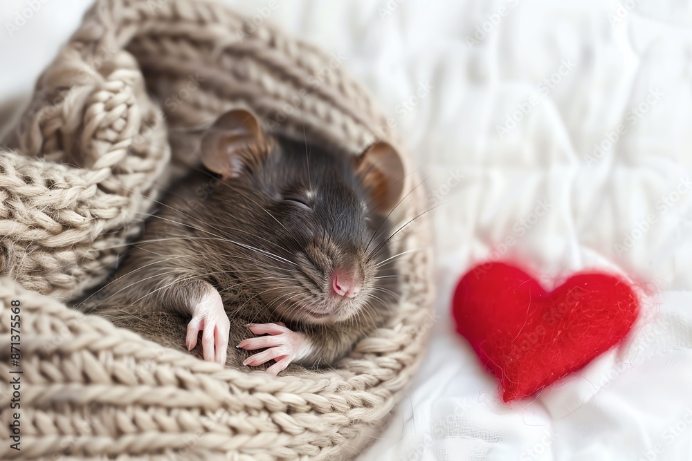 Cute rat wearing red knit hat, sleeping in red knitted sock Cute rat wearing red knit hat, sleeping in red knitted sock