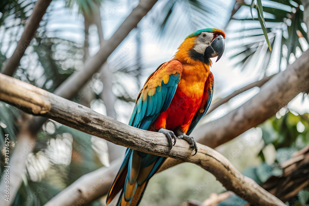 A colorful parrot perched on a branch in a dense jungle A colorful parrot perched on a branch in a dense jungle