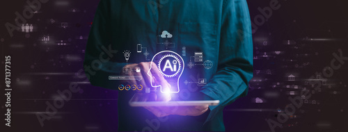 Obraz na płótnie A person uses a tablet with AI interface featuring various icons related to artificial intelligence and technology. AI and the futuristic digital interface, the integration of AI in tech w salonie