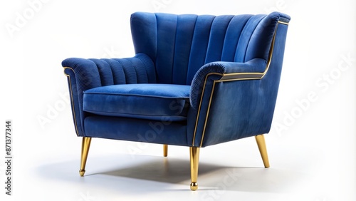 Stunning isolated navy blue velvet armchair with golden legs on a serene white background, exuding luxury and sophistication. photo