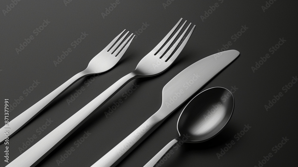 A minimalist cutlery mockup on a black background. The set includes a fork, knife, and spoon, each with a matte silver finish and modern design. They are arranged in a diagonal line, with bright, A minimalist cutlery mockup on a black background. The set includes a fork, knife, and spoon, each with a matte silver finish and modern design. They are arranged in a diagonal line, with bright,