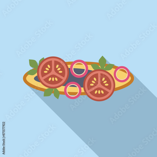 Bruschetta appetizer with tomatoes, onion rings and basil leaves lying on a plate