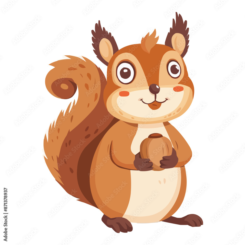 Cartoon happy squirrel holding nut isolated on white background Cartoon happy squirrel holding nut isolated on white background