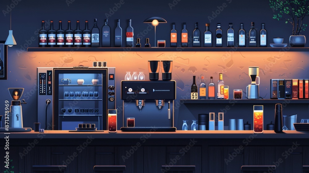 A detailed illustration of a smart home bar setup, featuring automated drink mixers, fluid tracking systems, and modern design A detailed illustration of a smart home bar setup, featuring automated drink mixers, fluid tracking systems, and modern design