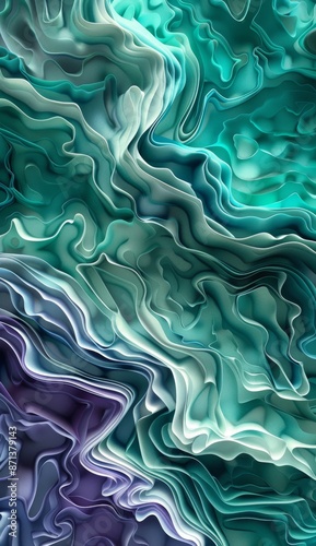 Abstract 3D fluid waves in vibrant teal and green tones with layered textures