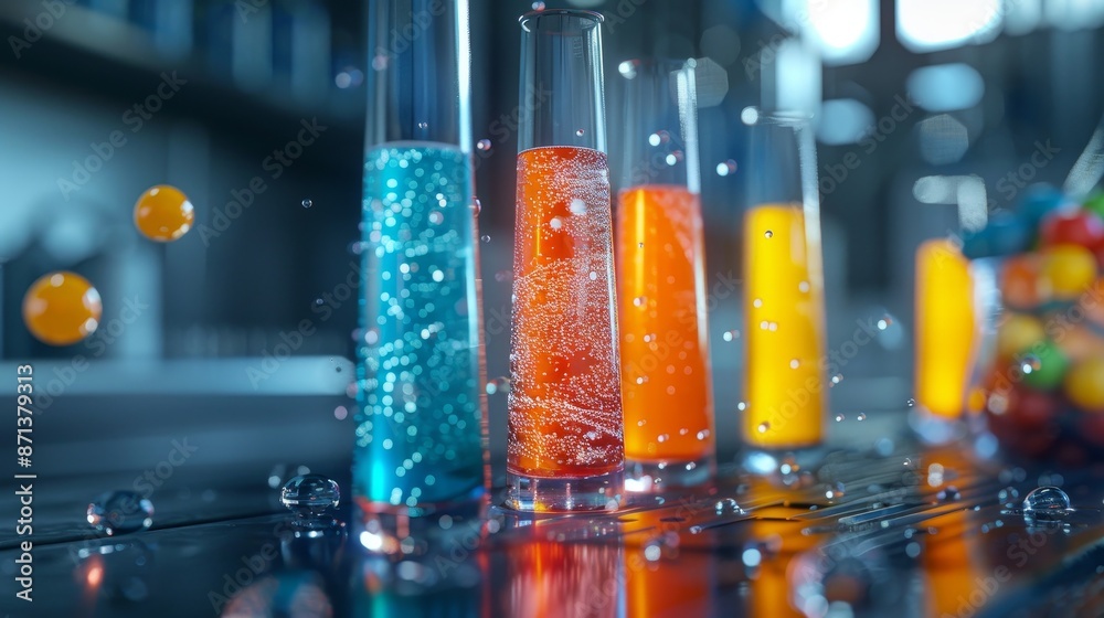 A sophisticated lab scene showcasing the process of mixing different sodas, vibrant liquid interactions, and effervescent reactions in high detail A sophisticated lab scene showcasing the process of mixing different sodas, vibrant liquid interactions, and effervescent reactions in high detail