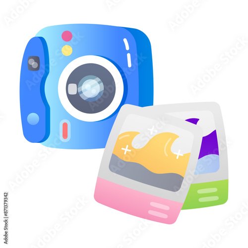 Camera with photographs denoting travel memories, flat icon 