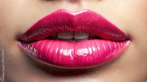 A soft focus close up of luscious, pink, glossy, inviting, and slightly parted lips, with subtle shine and natural texture. photo