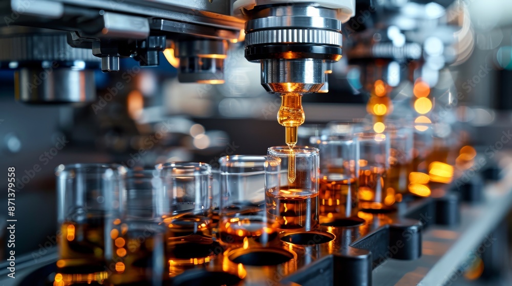 Advanced machinery in a lab setting, pouring exact dosages into test tubes, demonstrating scientific precision and reliability Advanced machinery in a lab setting, pouring exact dosages into test tubes, demonstrating scientific precision and reliability