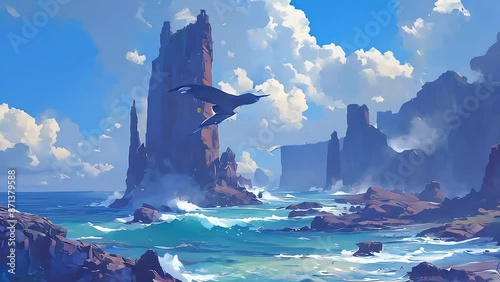 Cliffside Landscapes Animation. Towering Rock Formations, Crashing Waves, and Seabirds. Animated Dramatic Dynamic Video. photo