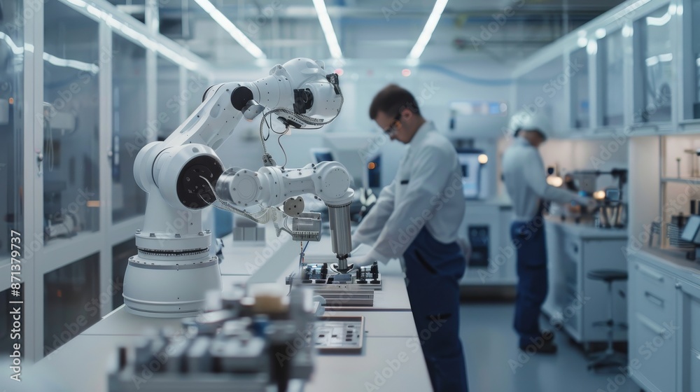 Advanced robotics lab, engineers assembling high-efficiency robots, precision tools and components, futuristic and clean design, focus on innovation Advanced robotics lab, engineers assembling high-efficiency robots, precision tools and components, futuristic and clean design, focus on innovation