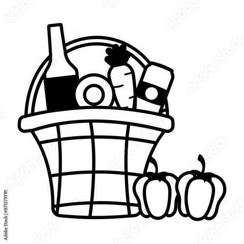 Picnic basket filled with food items, glyph icon 