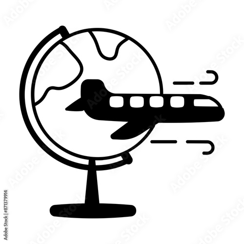 Plane with table globe denoting global travel, glyph icon 