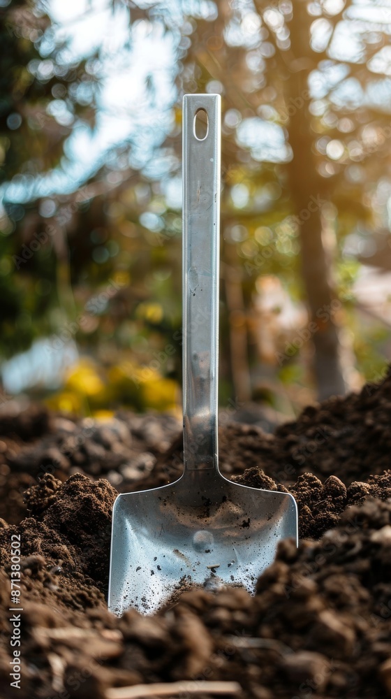 Shovel stuck in soil with blurred natural background