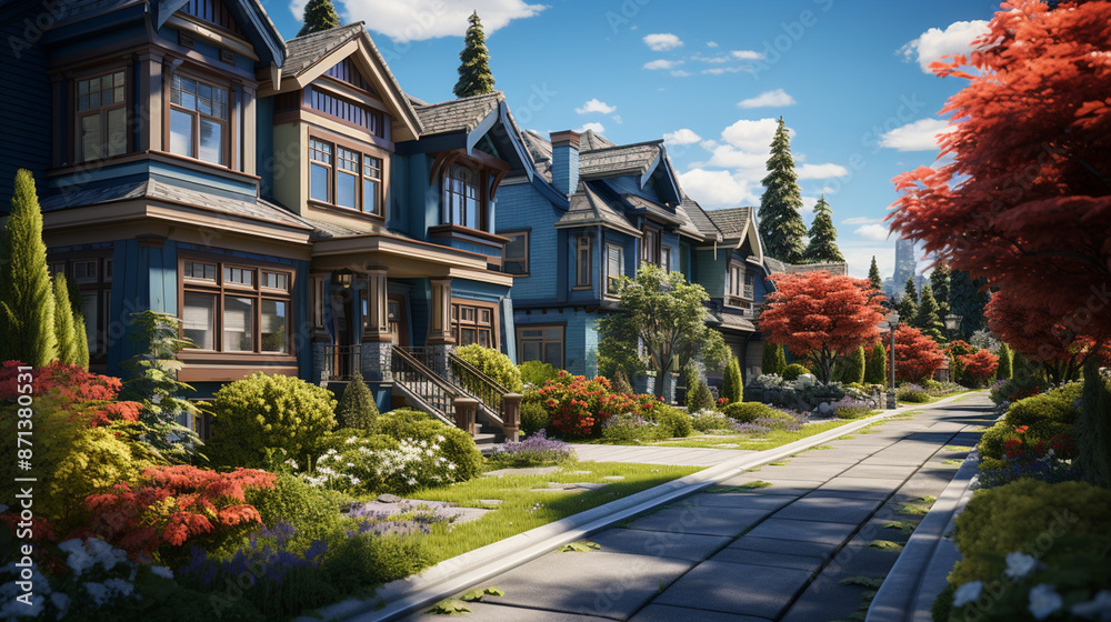 A perfect neighborhood. Houses in suburb at Summer in the north America A perfect neighborhood. Houses in suburb at Summer in the north America