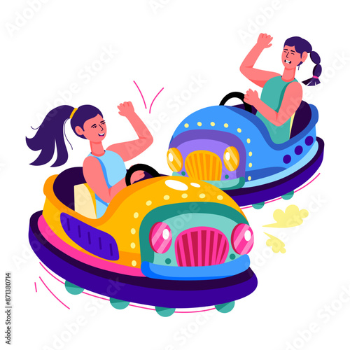 Girls enjoying bumper cars, flat illustration 