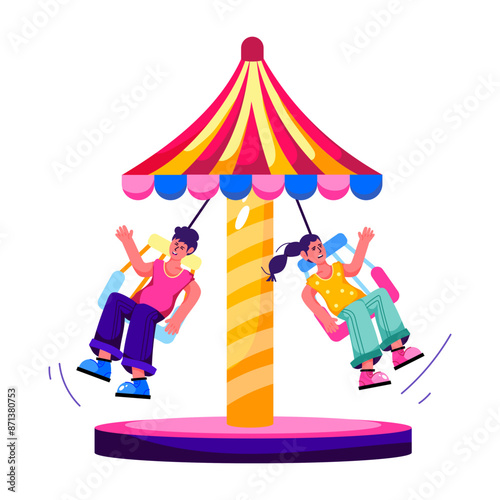 Flat illustration showing kids enjoying seat carousel 