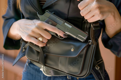 Close up of a woman removing a pistol from her purse. Concealed carry and gun gun control concepts. 

