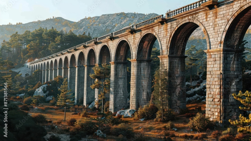 Obraz premium A long stone bridge spans a valley with a forest on either side