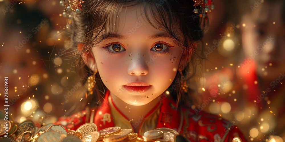 beauty and tradition, portrait features radiant young Chinese woman donning resplendent red ancient costume, her face aglow with positivity against backdrop of sparkling brilliance. beauty and tradition, portrait features radiant young Chinese woman donning resplendent red ancient costume, her face aglow with positivity against backdrop of sparkling brilliance.