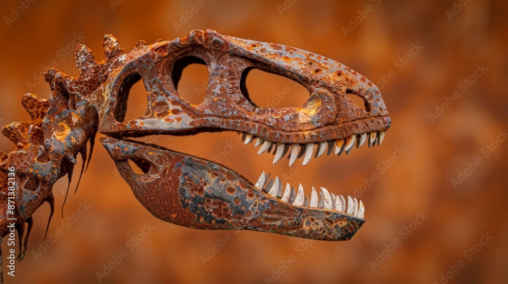 Agape-mouthed dinosaur statue, vivid orange-rusted background, intricate rust details, powerful and dramatic visual impact Agape-mouthed dinosaur statue, vivid orange-rusted background, intricate rust details, powerful and dramatic visual impact