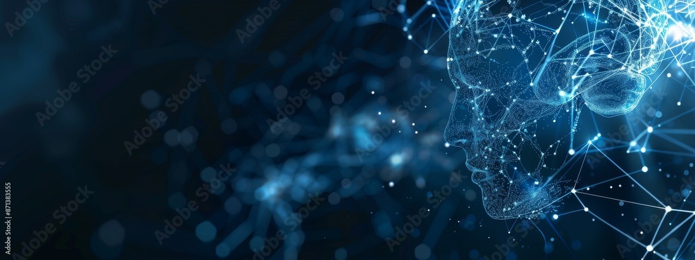 Abstract digital representation of human head with glowing connections in futuristic network background Abstract digital representation of human head with glowing connections in futuristic network background