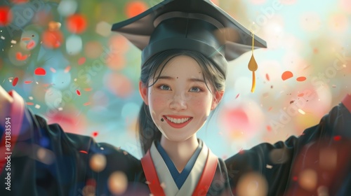 a beautiful woman who is happy to graduate from university in traditional clothes wearing hats photo