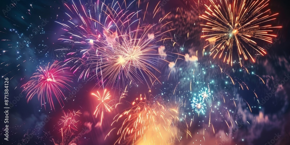 Naklejka premium A colorful fireworks display lighting up the night sky, celebrating a national holiday with excitement and wonder