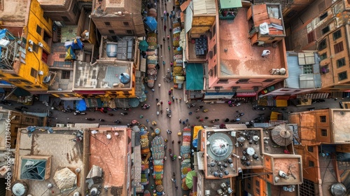 A city view with many people walking around and buildings with different colors