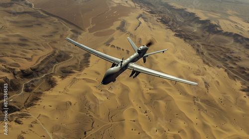 Bird's-Eye View of a Military Drone Flying Over Remote Sandy Desert