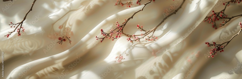 White silk background with cherry blossoms, panoramic web banner