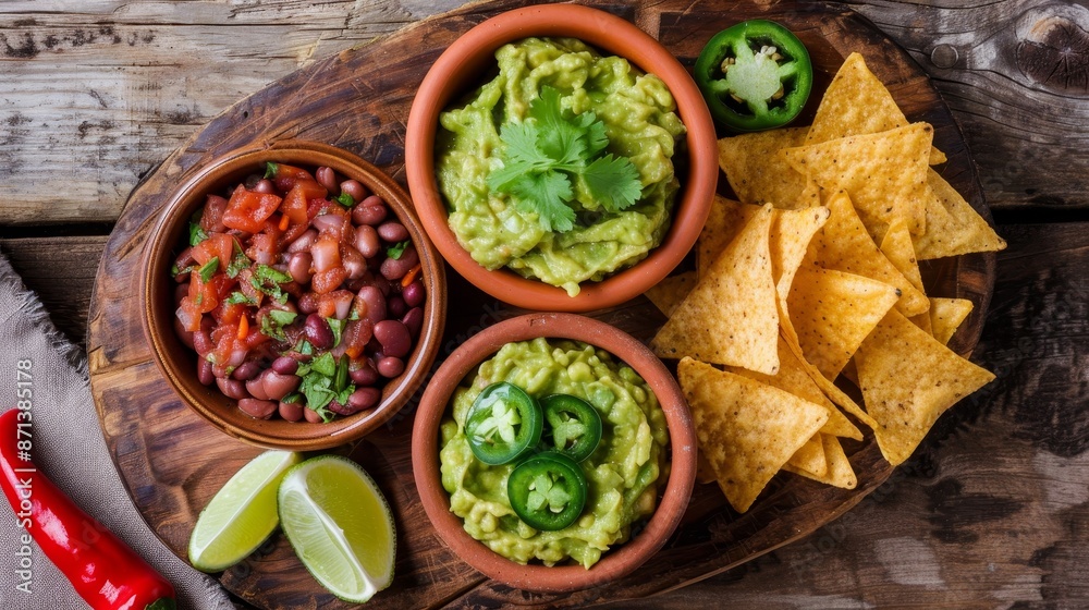 Guacamole, salsa, beans, jalapenos, chorizo, and tortilla chips, top view on wooden board, isolated background, studio lighting, Mexican theme, clarity for advertising Guacamole, salsa, beans, jalapenos, chorizo, and tortilla chips, top view on wooden board, isolated background, studio lighting, Mexican theme, clarity for advertising