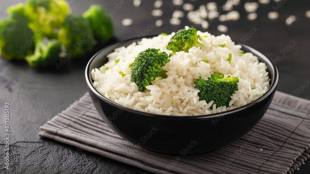 Heaping bowl of rice and broccoli florets, dark isolated backdrop, highlighted with studio lighting, detailed and visually appealing Heaping bowl of rice and broccoli florets, dark isolated backdrop, highlighted with studio lighting, detailed and visually appealing