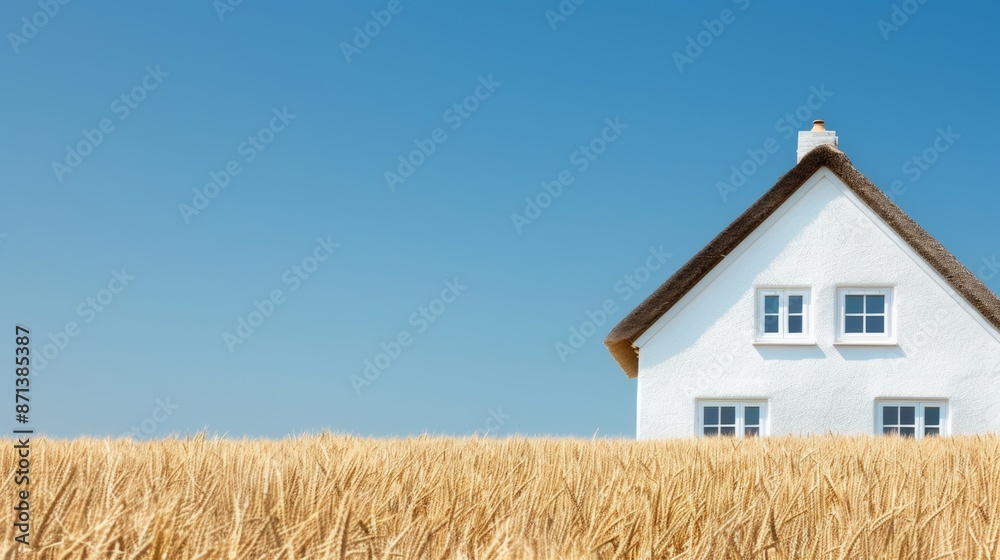 Idyllic white house with a thatched roof, surrounded by open fields, clear blue sky overhead, peaceful and scenic view Idyllic white house with a thatched roof, surrounded by open fields, clear blue sky overhead, peaceful and scenic view