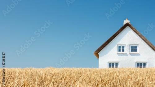 Idyllic white house with a thatched roof, surrounded by open fields, clear blue sky overhead, peaceful and scenic view photo